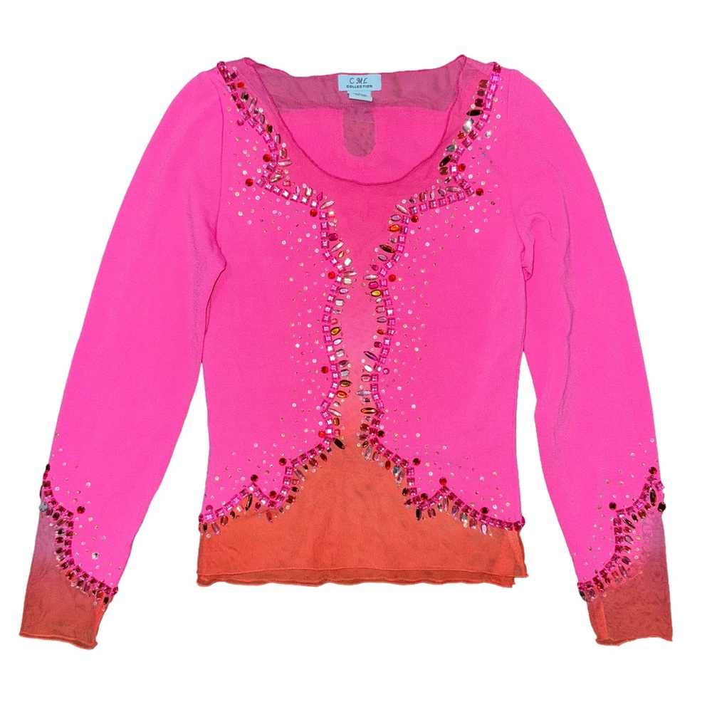 CML Collection Pink Beaded Mesh Sheer Long Sleeve Y2K Top Fairy Whimsy Dopamine